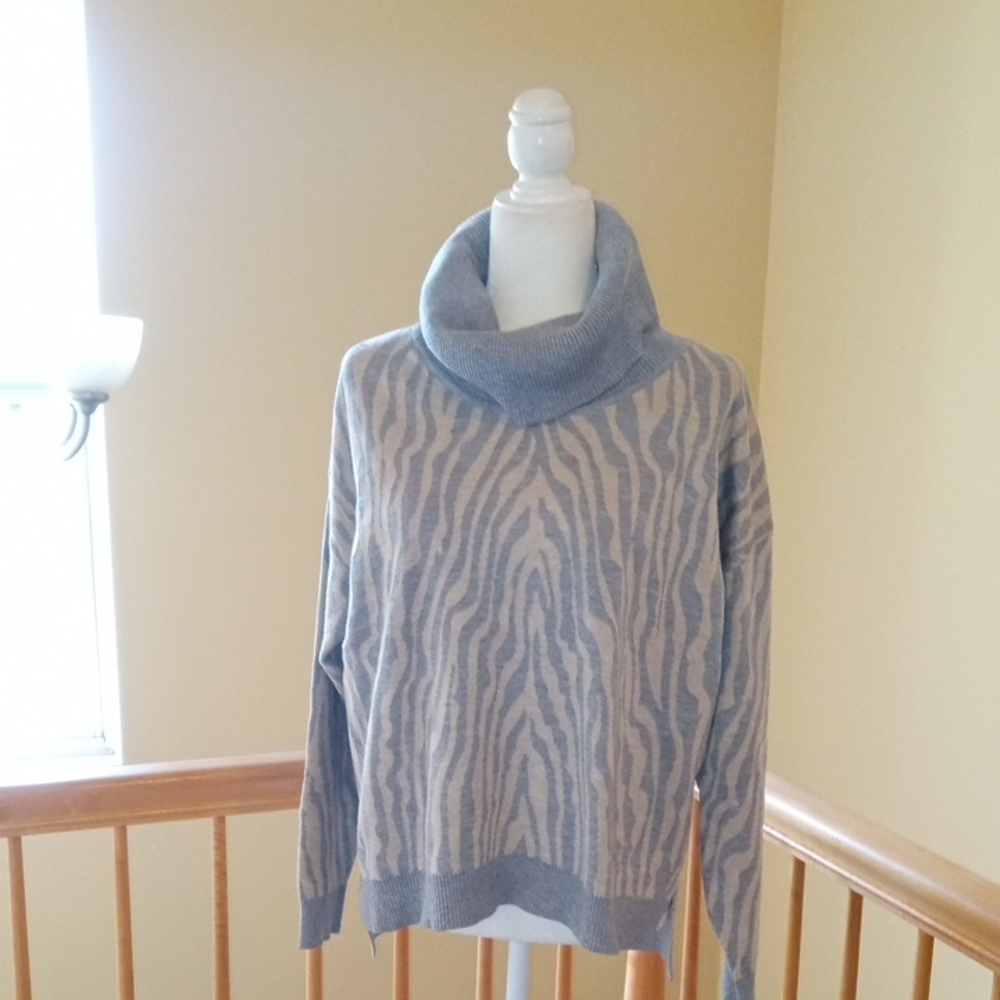 Calvin Klein Animal Print Gray and Cream Cowl Turtleneck Sweater Top